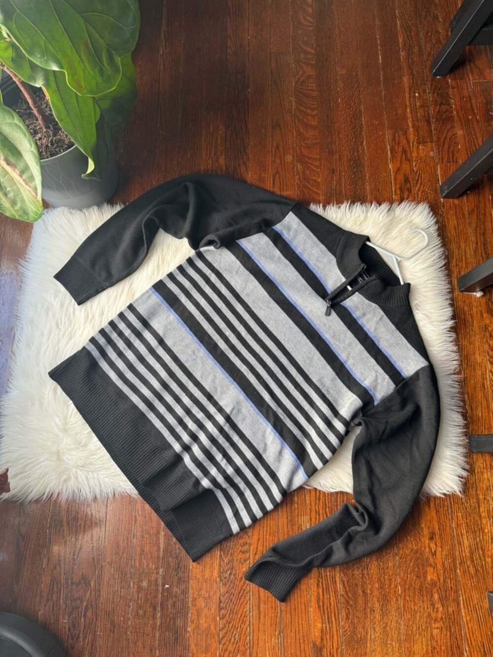 Y2K Quarter Zip Sweater Grey, Blue, Black Stripes